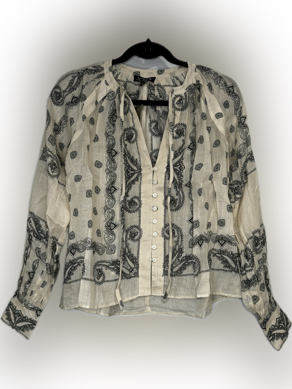 J.Crew Popover Boho Top Bandana Print Ramie Natural Black Casual XXS - Picture 3 of 9